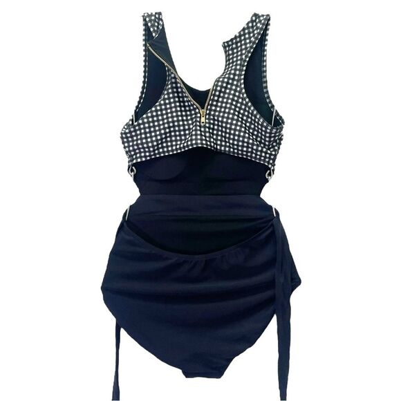 Albion Black Check Castaway One Piece Swimsuit Size Small Black Gingham Zip Back - Picture 5 of 16
